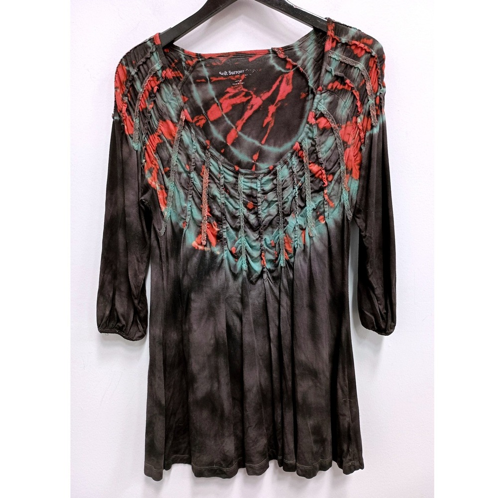 Soft Surroundings Tie Dye Tunic Top‎ Womens Large Gray Boho Ruched 3/4 Sleeve